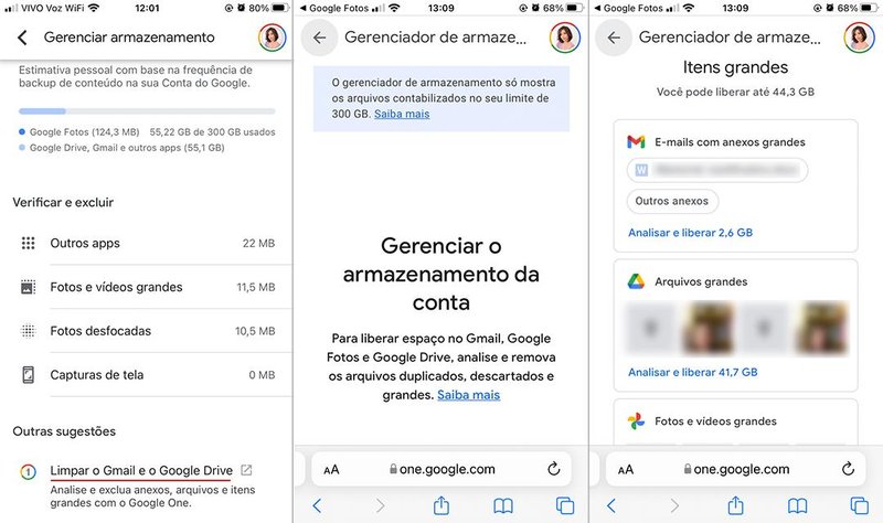 Liberando espaço de outras aplicações como Gmail e Drive (Fonte: Google Fotos/Reprodução)