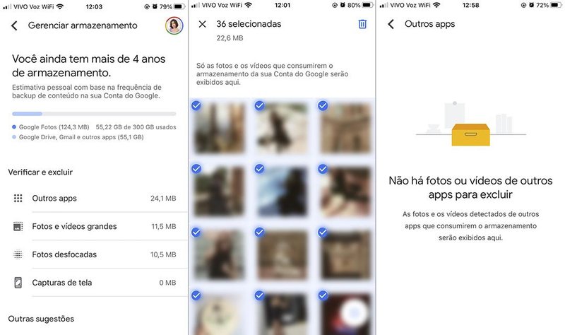 Selecionando imagens em massa para excluir e liberar espaço (Fonte: Google Fotos/Reprodução)