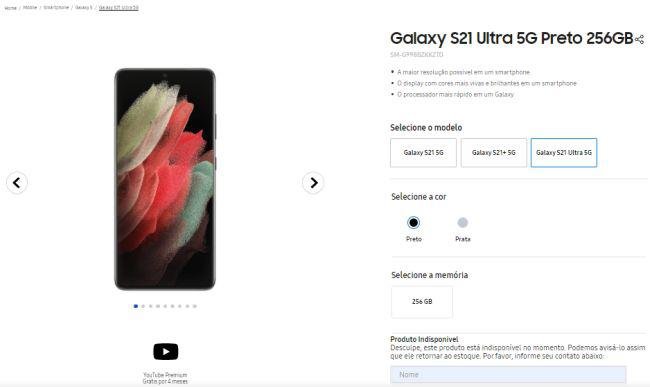 O Galaxy S21 Ultra 5G aparece como esgotado na loja da Samsung no Brasil.