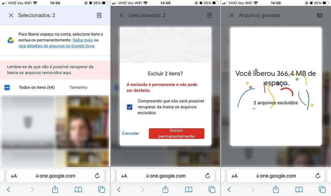 Excluindo itens da categoria “Arquivos Grandes” do Drive (Fonte: Google Fotos/Reprodução)