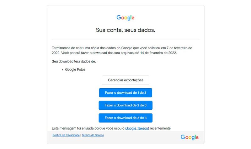 E-mail recebido com os dados para baixar dividido em 3 partes (Fonte: Google/Reprodução)