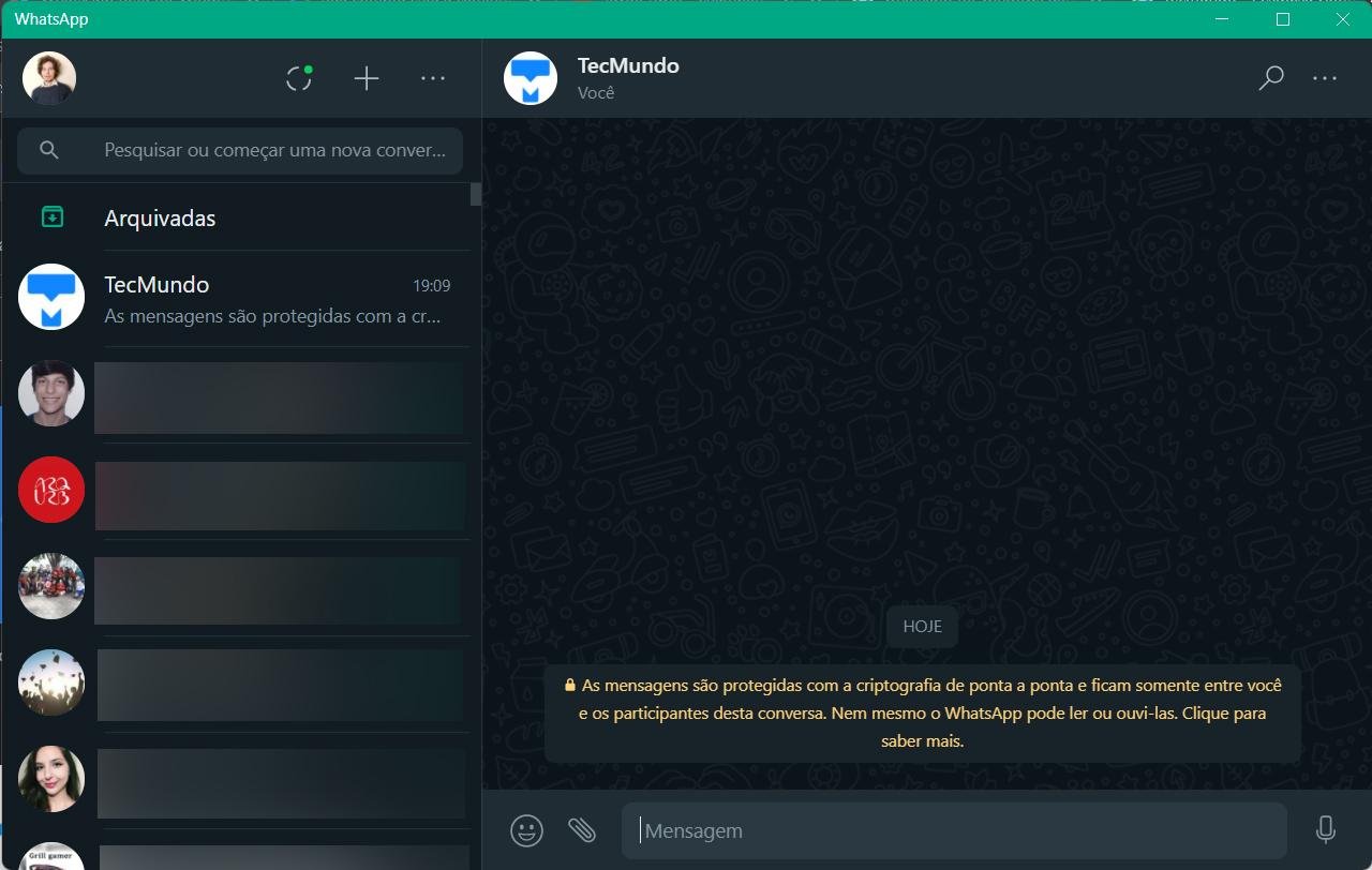 Nova interface do WhatsApp Beta para Windows com o modo noturno. (Fonte: TecMundo, Adriano Camacho)