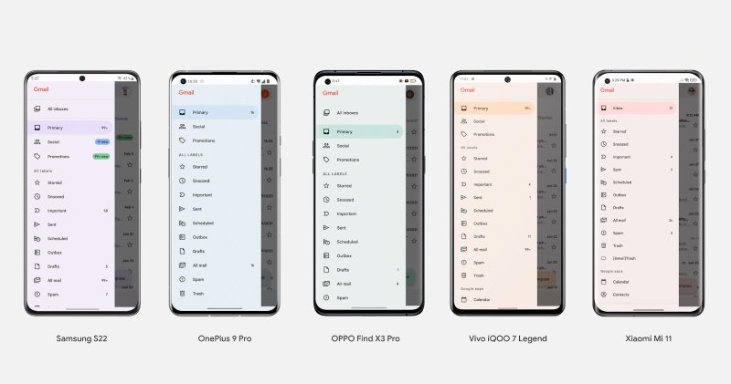 Gmail com diferentes temas baseado em um papel de parede em diferentes smartphones