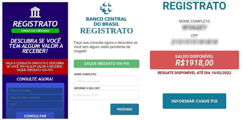 Alguns exemplos de sites falsos que simulam a consulta com os seus dados.