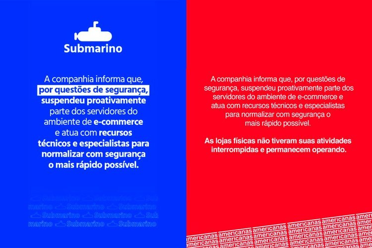 Comunicados disponíveis atualmente nos sites (Fonte: Submarino/Americanas/Reprodução)