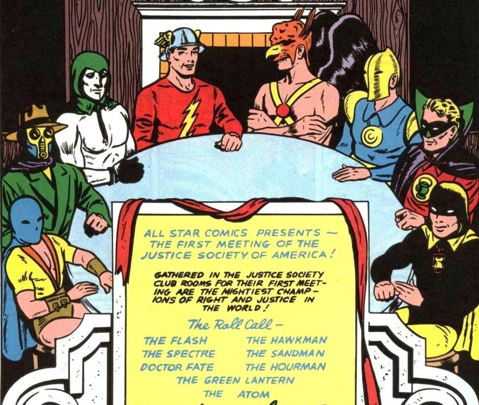 A Sociedade da Justiça. Da esquerda para a direita: Átomo, Sandman, Espectro, Flash, Gavião Negro, Sr. Destino, Lanterna Verde e Homem-Hora.
