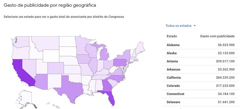 Relatório de publicidade política dos EUA. A ferramenta estará disponível no Brasil em breve.