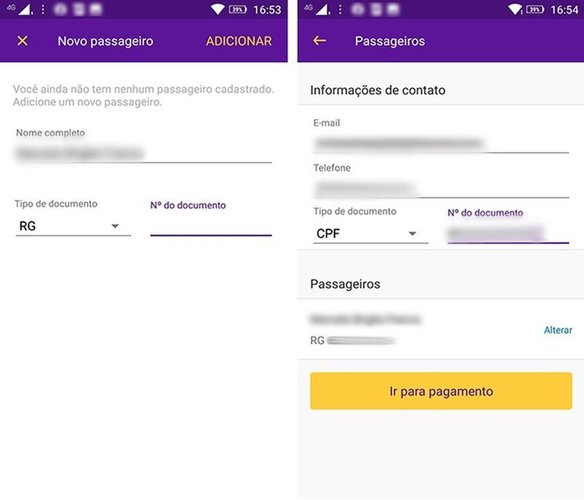 Ao adicionar um novo passageiro, será preciso inserir o nome completo e as informações de um documento.