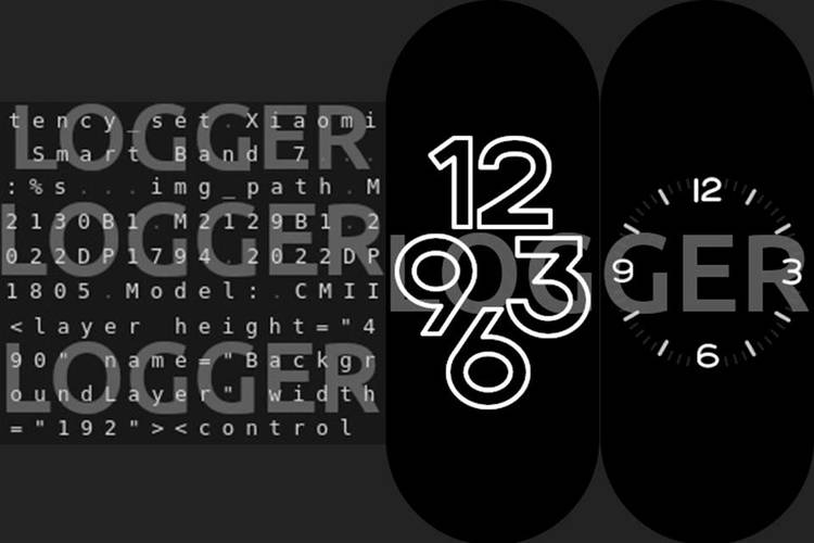 Informações da firmware (à esquerda) e versões AOD do display disponíveis (à direita) na Mi Band 7 (Fonte: Logger/Xiaomi/Reprodução)