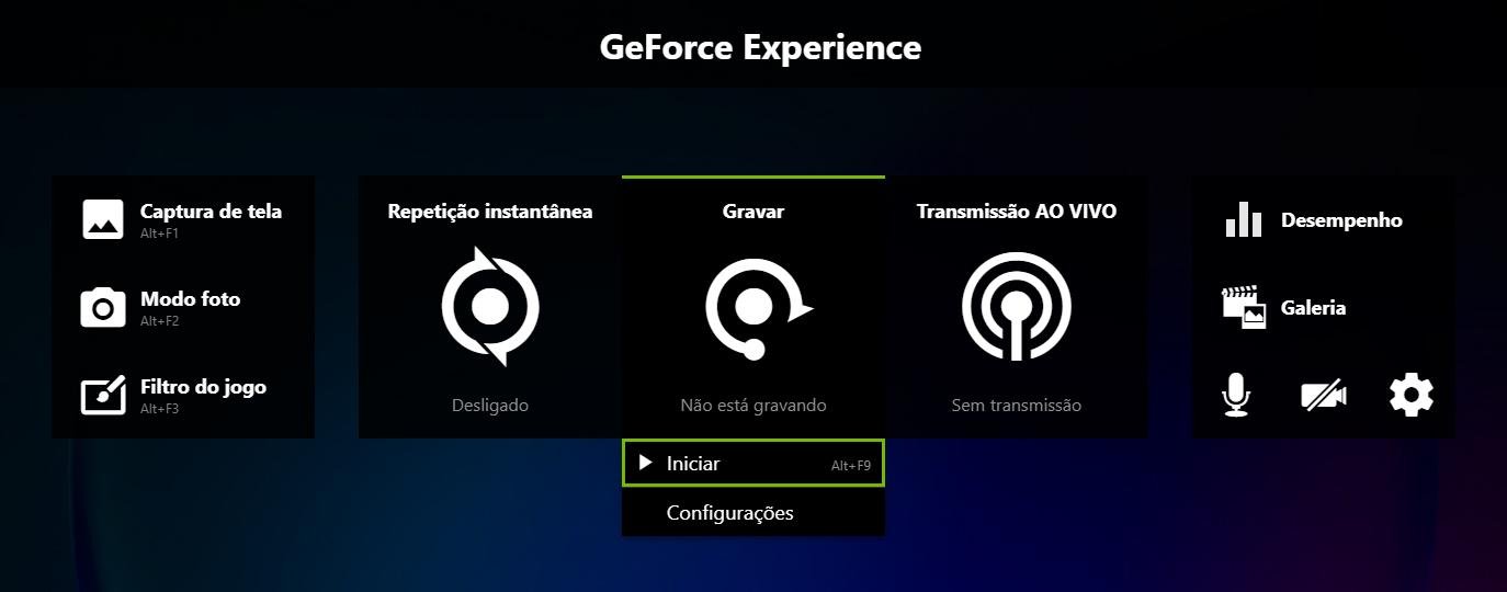 Opção para iniciar uma gravação manualmente (Fonte: GeForce Experience/Reprodução)