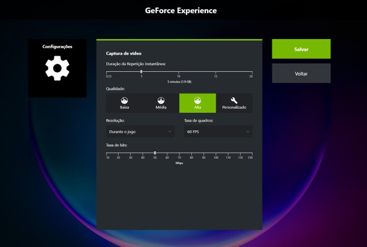 Painel de Configuração das capturas de vídeo (Fonte: GeForce Experience/Reprodução)