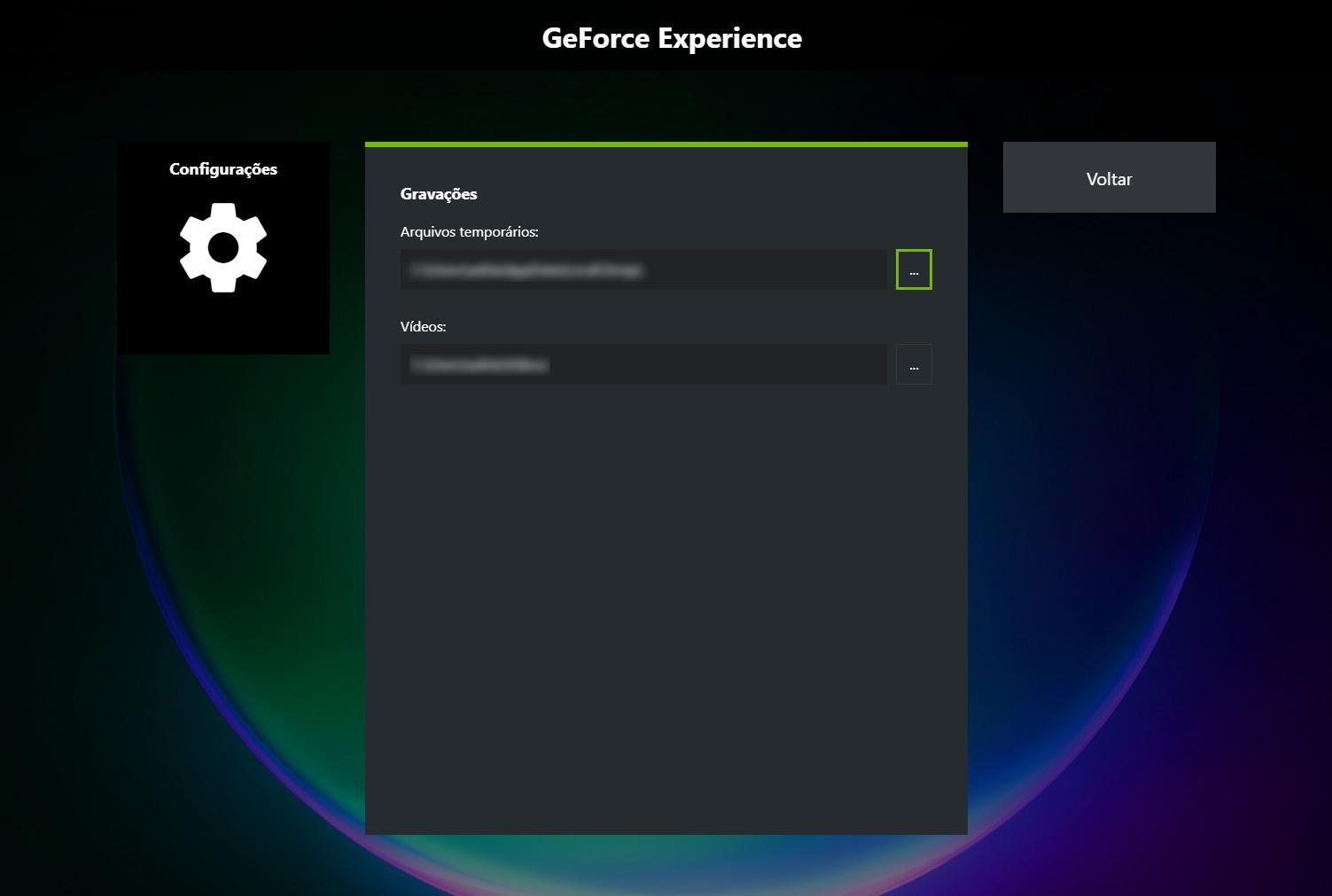 No menu “Gravações” é possível escolher o local de armazenamento das capturas de vídeo (Fonte: GeForce Experience/Reprodução)
