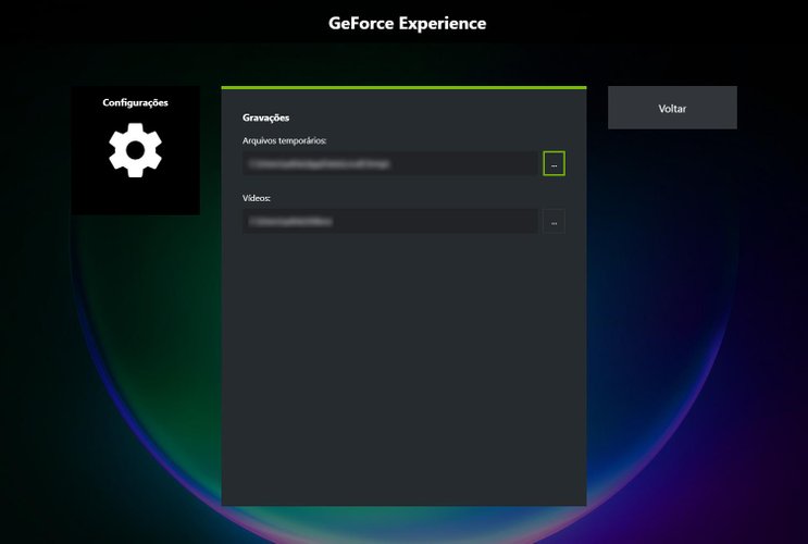 No menu “Gravações” é possível escolher o local de armazenamento das capturas de vídeo (Fonte: GeForce Experience/Reprodução)