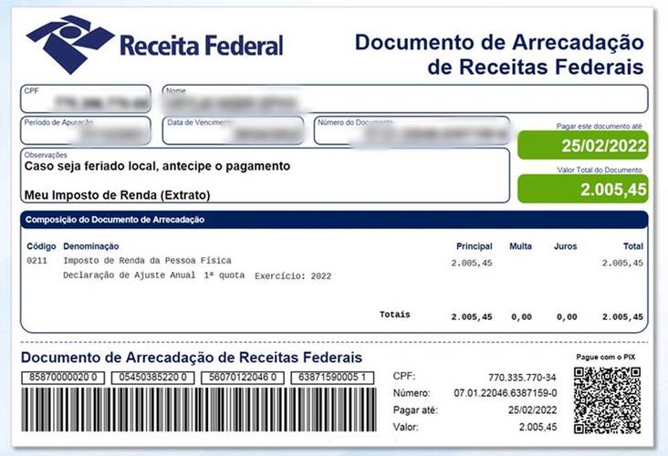 Print de uma DARF de 2022, em que aparece o código para pagamento PIX.