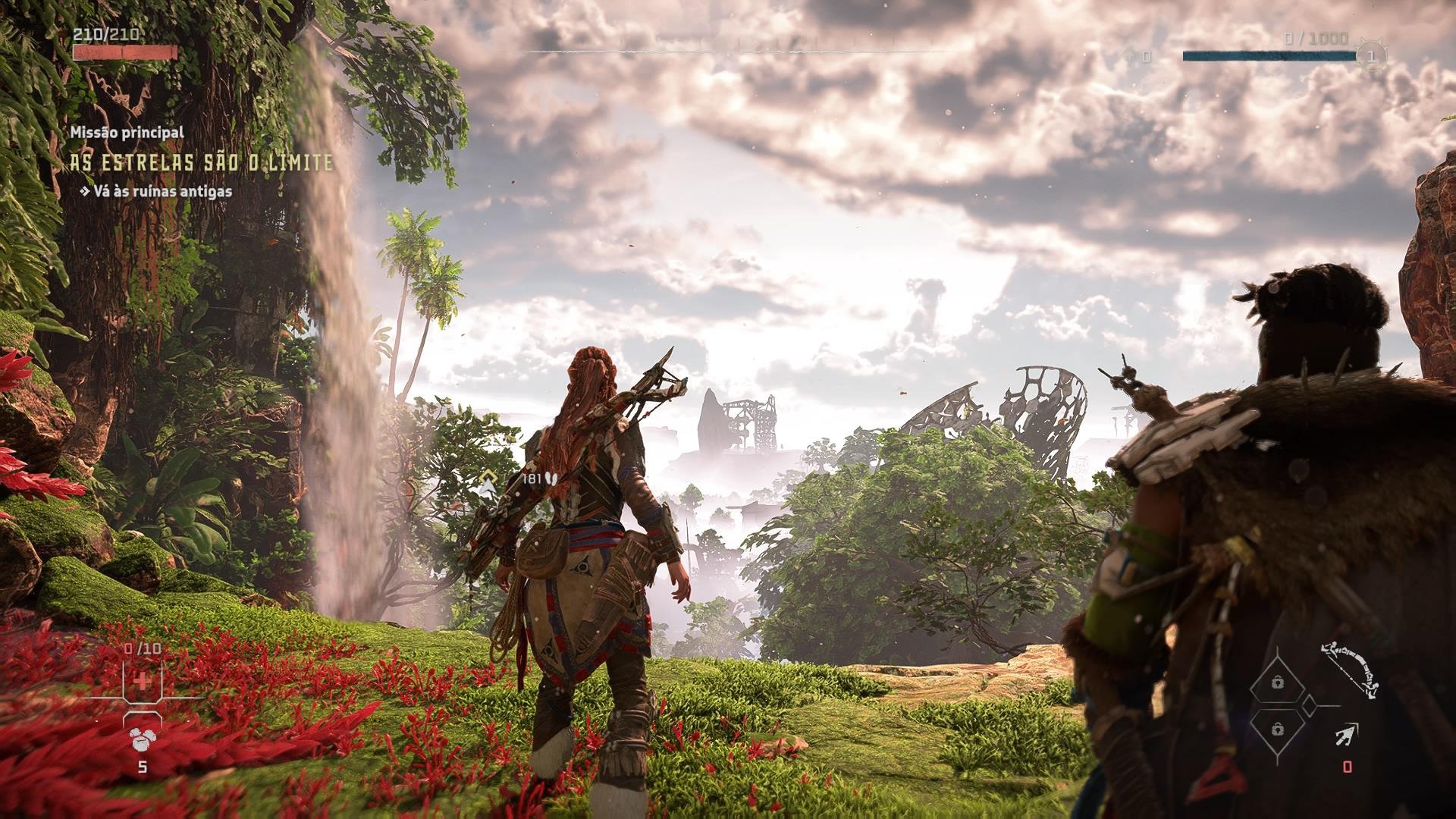 Descrição da imagem a protagonista uma mulher ruiva, de costas em frente a uma paisagem linda com flores vermelhas e arvores.
