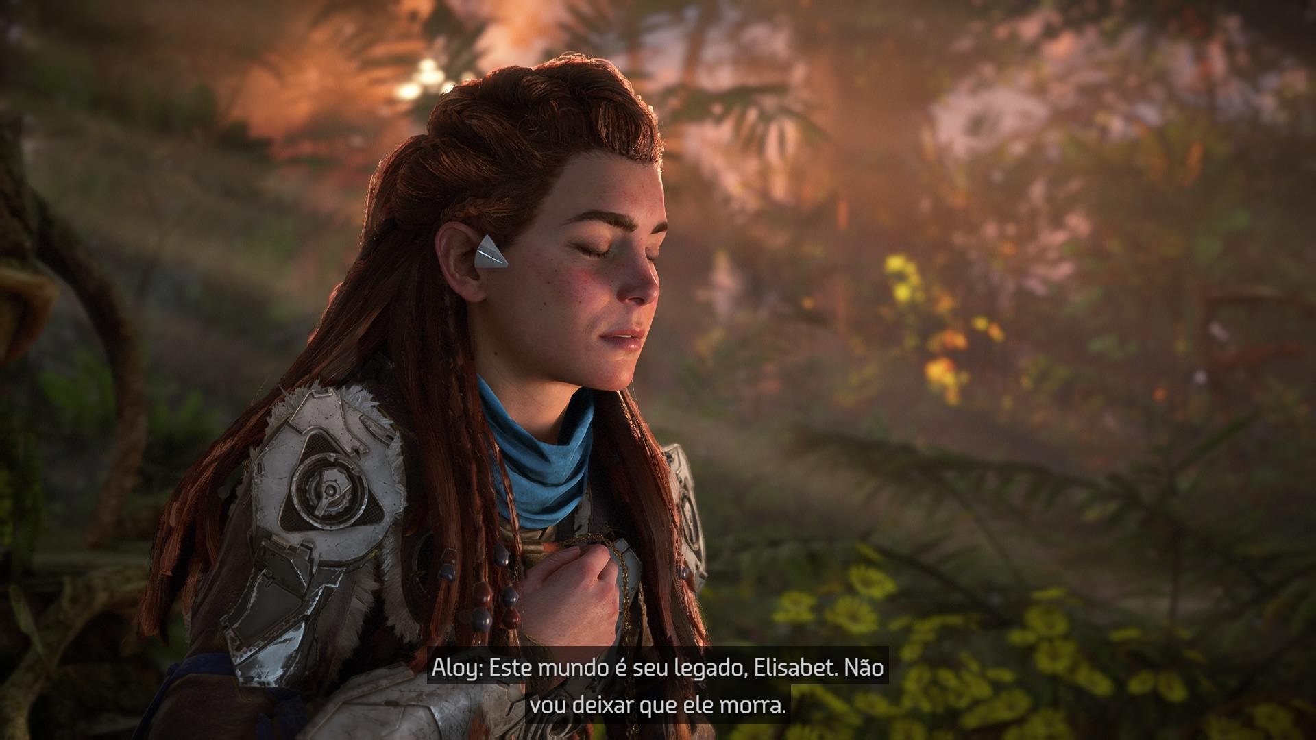 Descrição da imagem exemplo do tamanho das legendas, uma cena do jogo onde uma mulher ruiva olha para câmera encruando fala algo