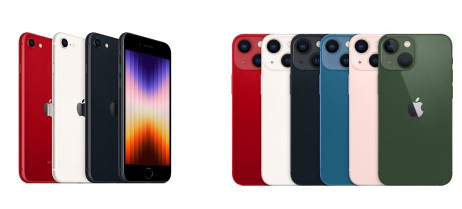 As opções de cor do iPhone SE e iPhone 13 mini.