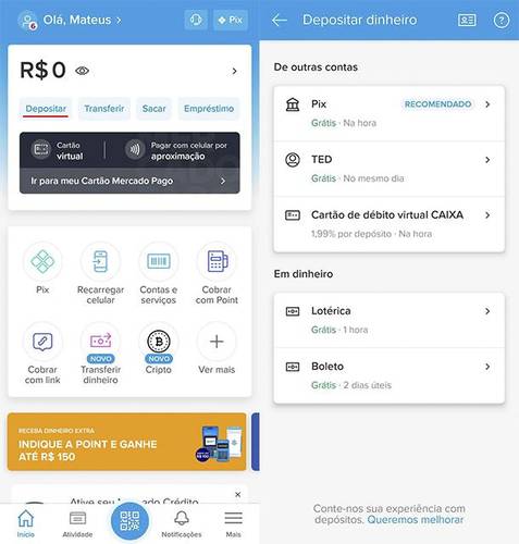 Opções para realizar depósito na carteira (Fonte: Mercado Pago/Reprodução)
