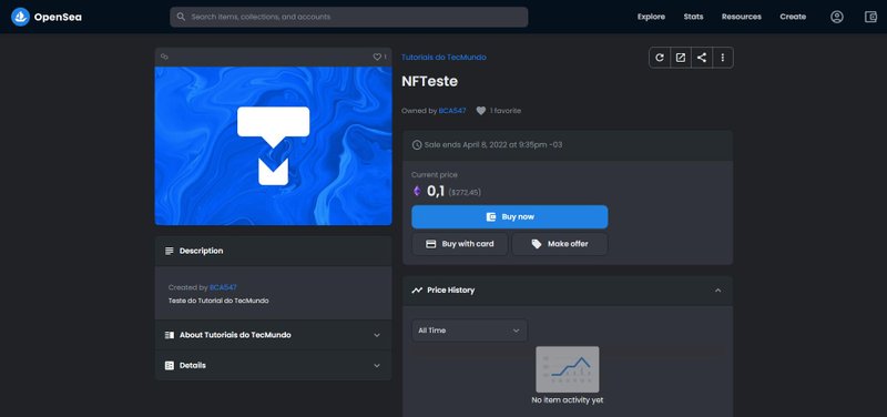 NFT Teste listado na OpenSea. 