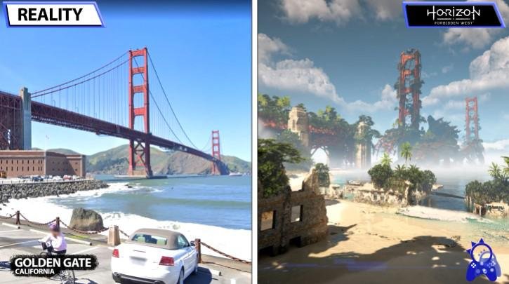 Comparação da ponte Golden Gate real com o cenário do jogo
