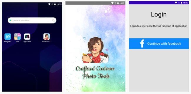 O editor de fotos malicioso exige login no Facebook para funcionar.