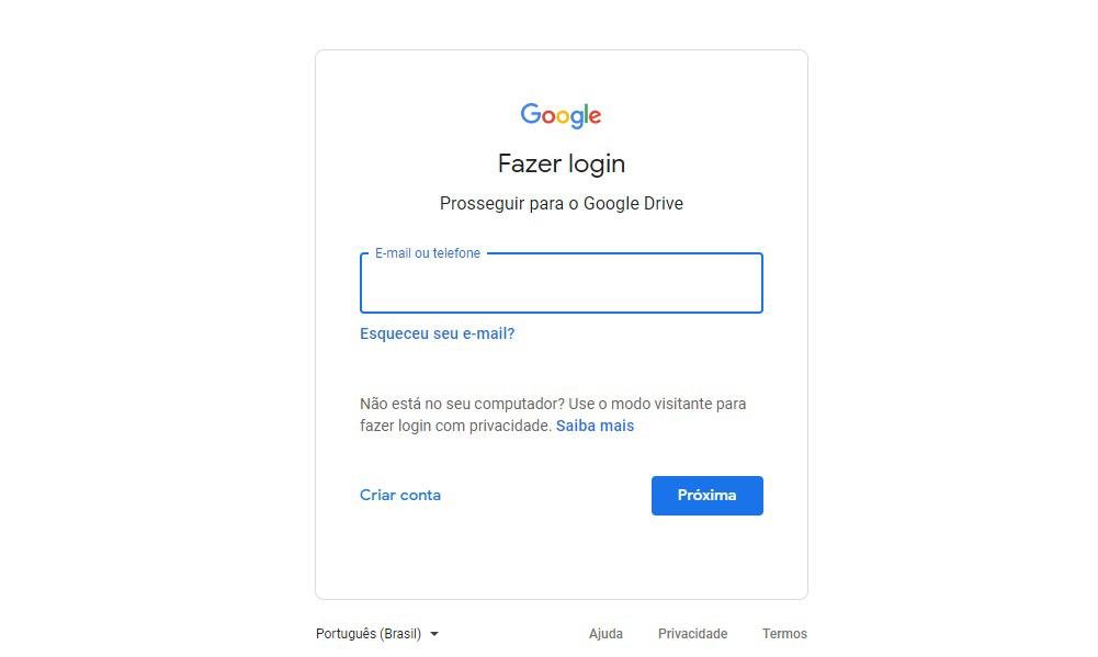 Utilize seu login e senha para acessar a plataforma e realizar o download. (Google Drive/Reprodução)