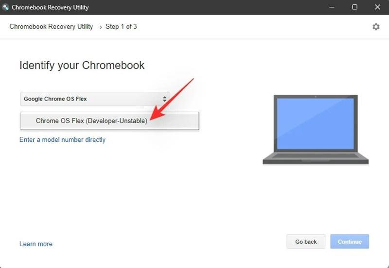 Selecione a opção “Chrome OS Flex (Developer-Unstable).