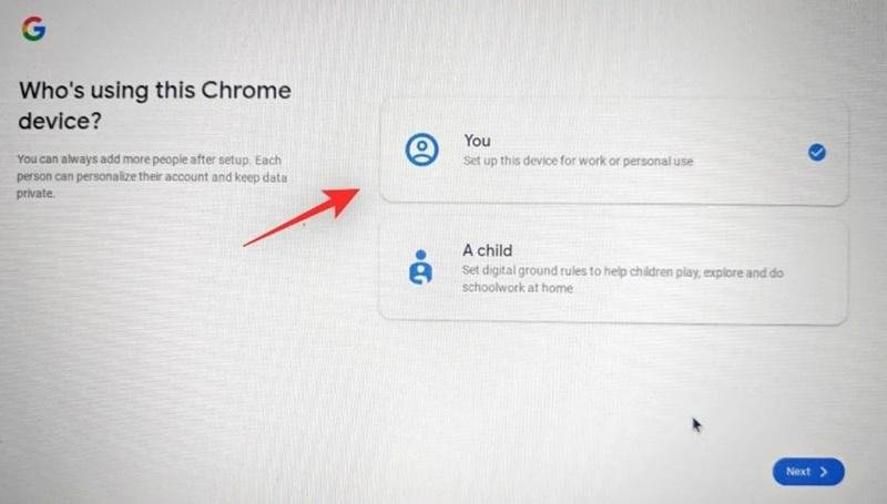 Você também poderá definir se o Chrome OS Flex será usado por um adulto ou uma criança.