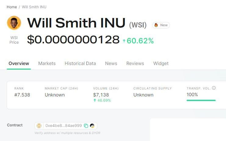Listagem da criptomoeda Will Smith Inu no site Nomics.