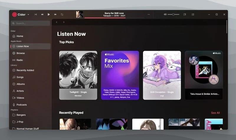 Cider oferece integração com Apple Podcasts e acesso fácil às músicas reproduzidas recentemente