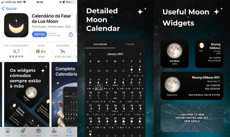 Com uma pegada mais mística, app traz horóscopo e práticas para cada fase da lua (Fonte: Moon Phase Calendar — MoonX/Reprodução)