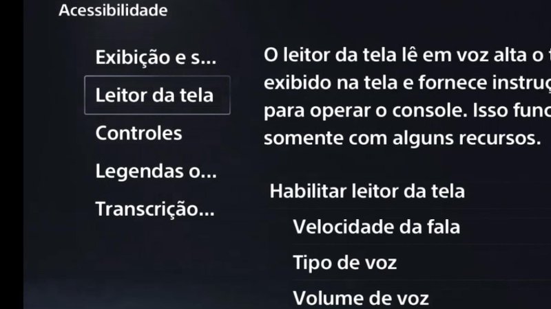 Descrição da imagem: Menus do Playstation 5 com a opção de Leitor de Tela selecionada