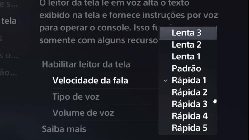 Descrição da imagem: Menus do PS5 com as opções de velocidade do leitor de tela
