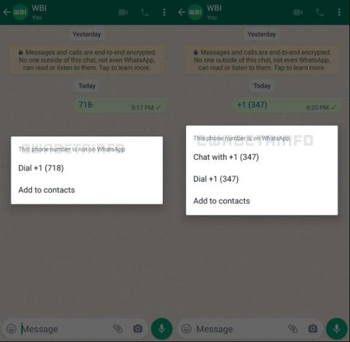 O novo menu que aparece para alguns usuários do app para Android ao selecionar números não adicionados.