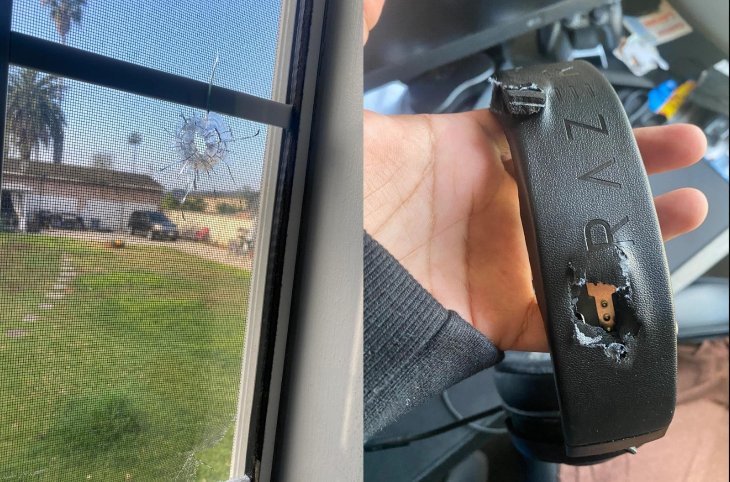 Foto mostrando a janela com o furo da bala e o headset do jogador. (Fonte: Reddit/Reprodução)