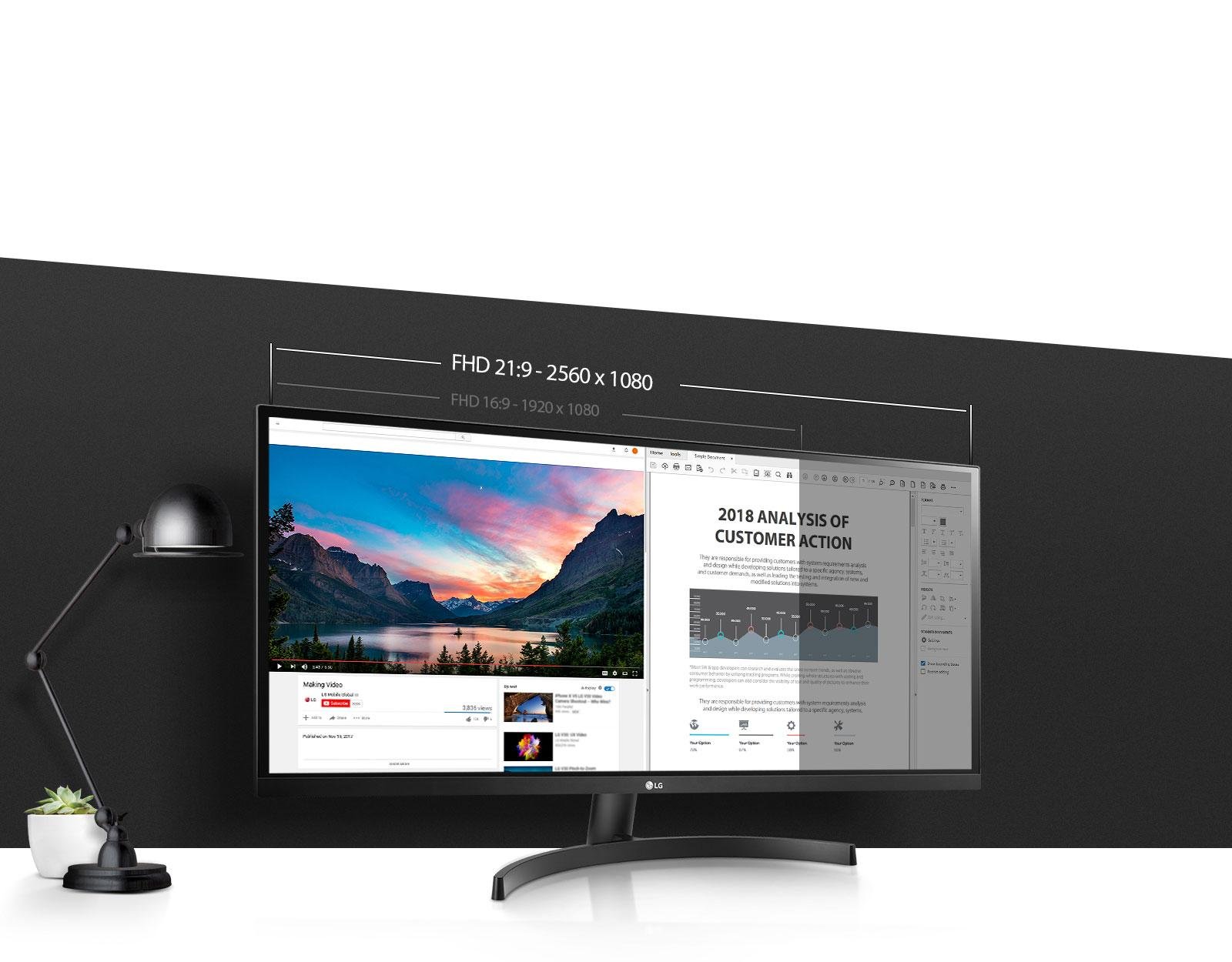 Comparativo entre o ganho de tela no monitor Full HD ultrawide versus o tradicional