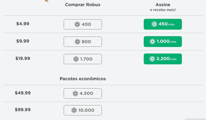 Você pode comprar moedas de Roblox em várias quantidades, com cada pacote custando diferentes valores; quanto maior o preço, maior o bônus