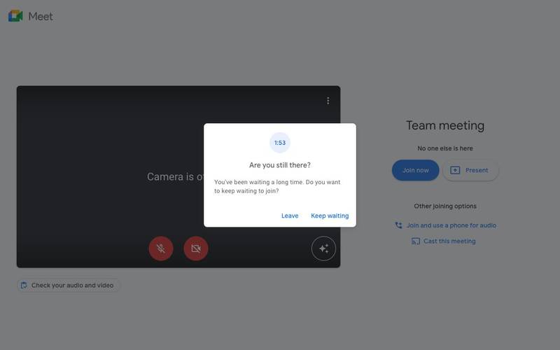 Pop-up exibido no Google Meet, após um participante ficar sozinho por muitos minutos. (Fonte: Google Workspaces Blog via Engadget / Reprodução)