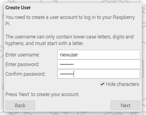 Nova tela de criação de usuário, no Raspberry Pi OS. (Fonte: Raspberry Pi / Reprodução)