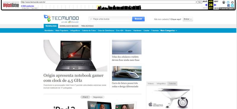 Página inicial do TecMundo em 26 de abril de 2011 (Fonte: WayBack Machine — Internet Archive/Reprodução)