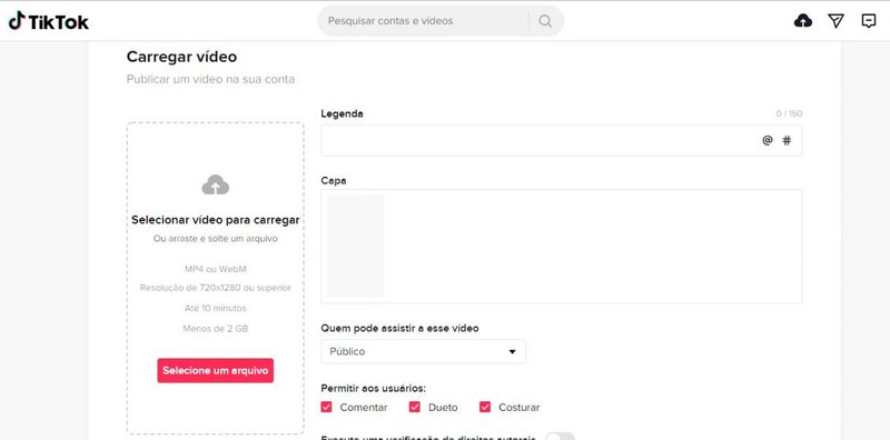 Página para carregar um novo vídeo pelo PC. (Fonte: TikTok/Reprodução)