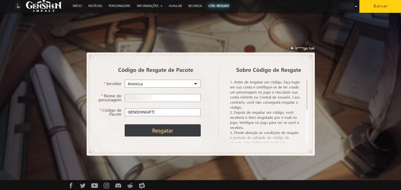 Após fazer login no site e selecionar o servidor, a página reconhecerá o nome do seu personagem.