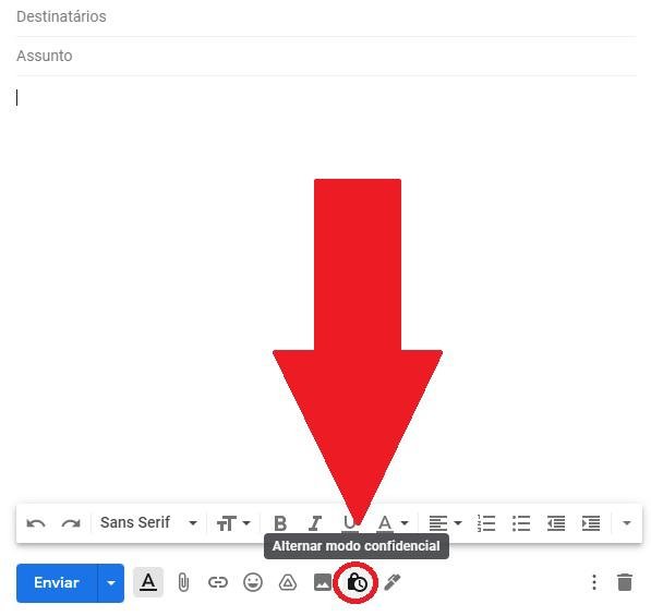 Para ativar a opção Modo Confidencial do Gmail, clique no ícone com um cadeado em um relógio, na parte inferior da tela