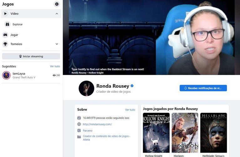 Ronda Rousey é uma das celebridades que possuem uma página no Facebook Gaming