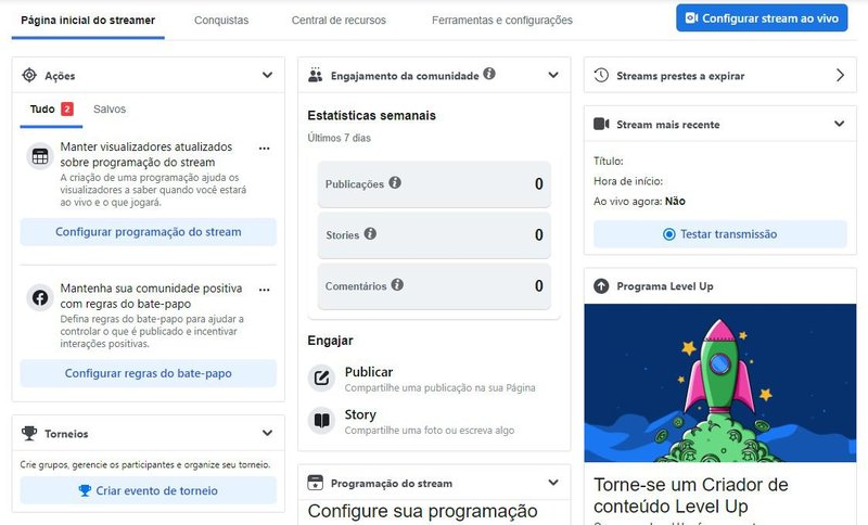 Página para iniciar a transmissão do Facebook Gaming