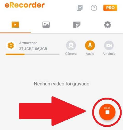 Aperte no botão laranja para começar a gravação