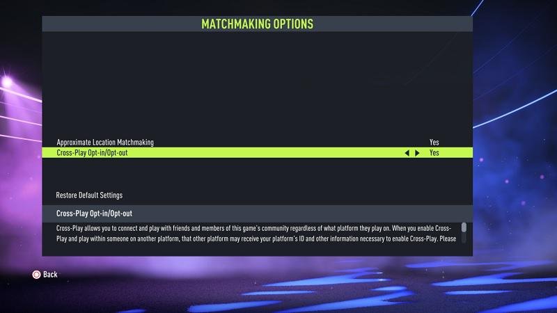 Nova opção de teste de cross-play no menu de FIFA 22