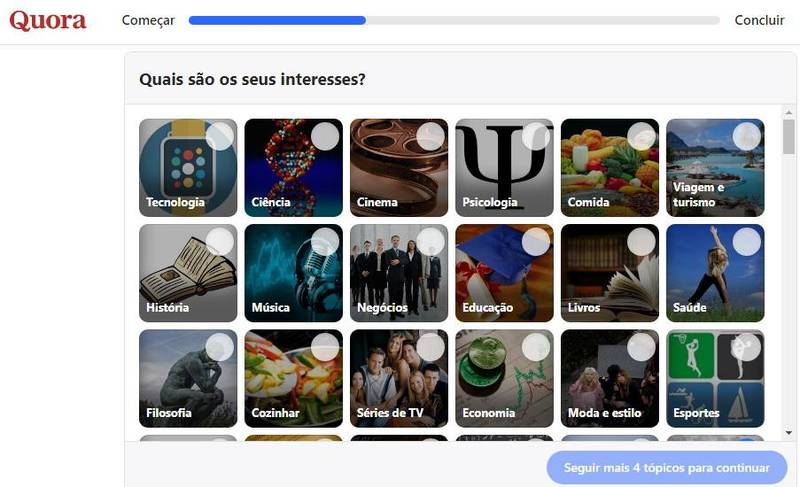 Ao se cadastrar no Quora, o usuário escolhe os principais tópicos de interesse