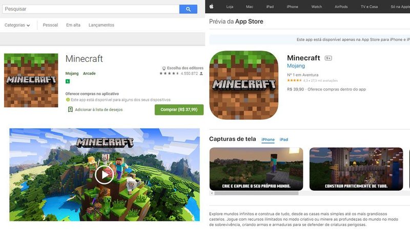 Você pode baixar Minecraft para celulares e tablets na loja de apps do seu dispositivo