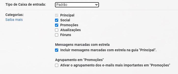 Depois de mudar a opção da Caixa de Entrada para "Padrão", é possível alterar as Categorias que serão exibidas